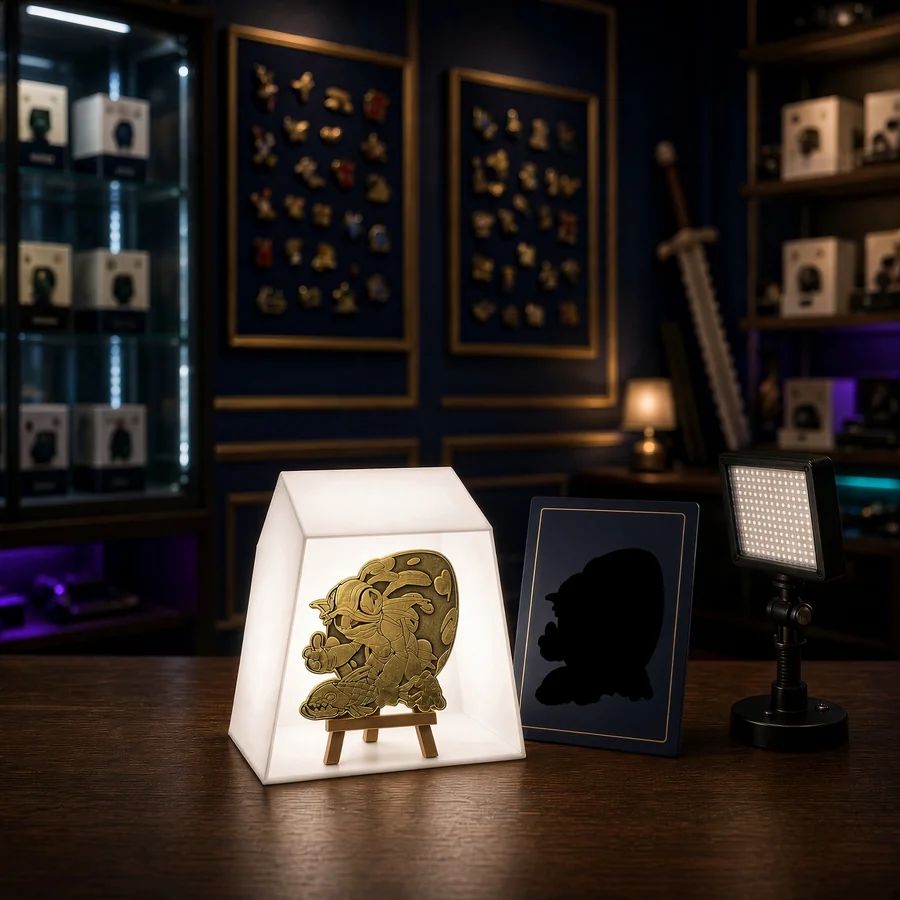 A gold pin on a tiny easel inside a glowing white photo box, beside a navy card showing the pin's silhouette and a small studio light, in front of framed boards of pins.